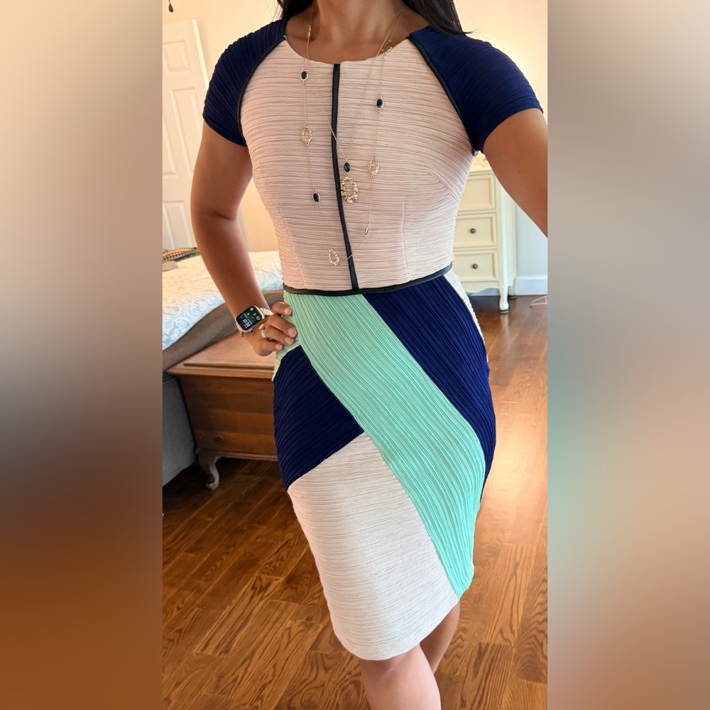 Maeve Colorblock Pleated Dress in Navy, Mint and Blush